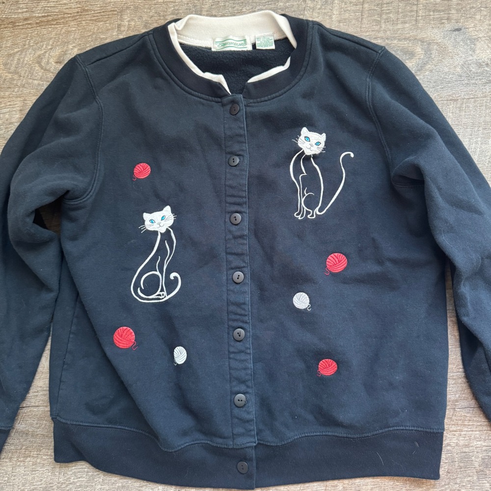 Shenanigans Women Blue Button Up Cat Yarn Embroidered Granny Sweater Cardigan L - Picture 2 of 6
